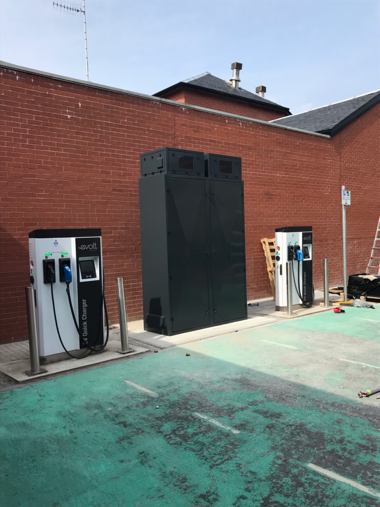AV outdoor cabinet with 2 projectors atop Scotland Plinth for projector enclosure